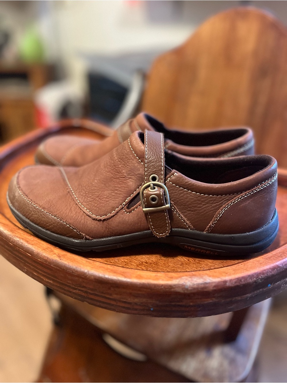 Merrell Women’s Dassie Brown Leather Slip-On Casual Shoes with Buckle Size 8